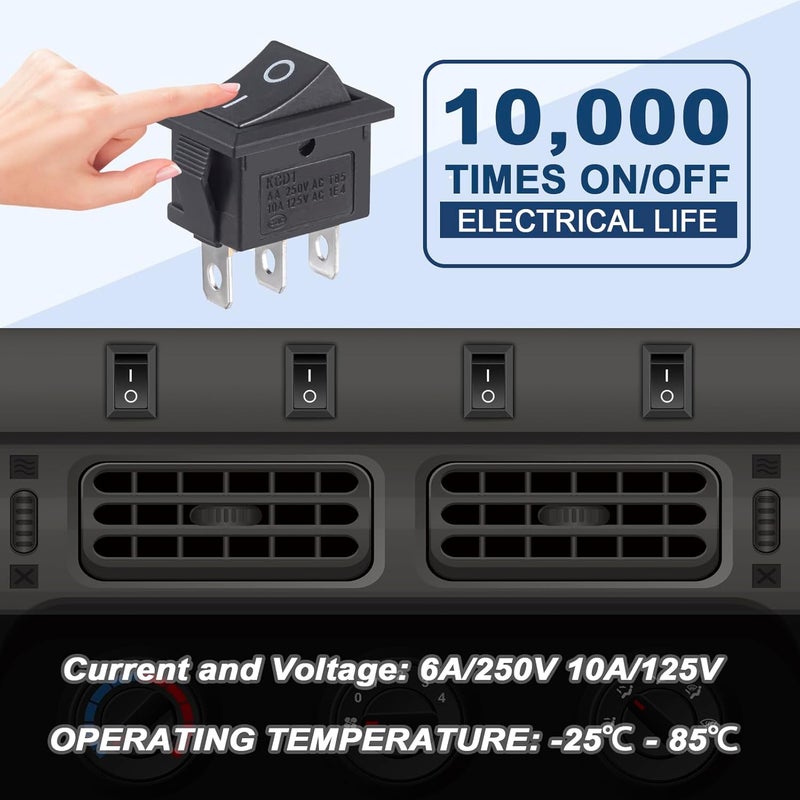 VEXUNGA Mini Rocker Switch On Off 3 Pin 2 Position 10A 125V AC 6A 250V Black Boat Rocker Toggle Switch KCD1 SPST Snap-in Square Switches for Car Marine Home Appliances (Pack of 10pcs) - Image 3
